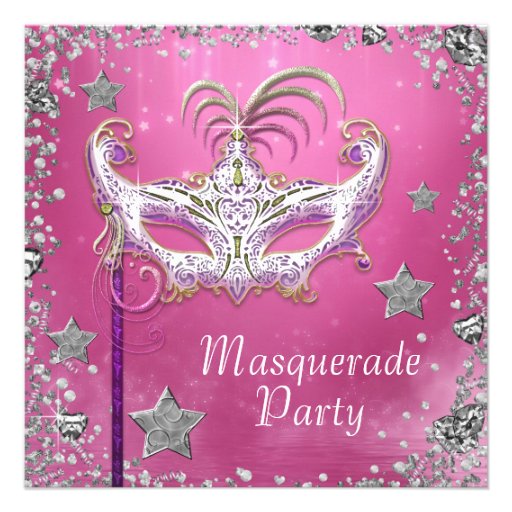 Silver Confetti Pink Black Masquerade Party Custom Invites
