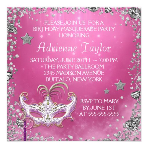 Silver Confetti Pink Black Masquerade Party Custom Invites