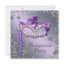 Silver Confetti Purple Masquerade Party Invitation
