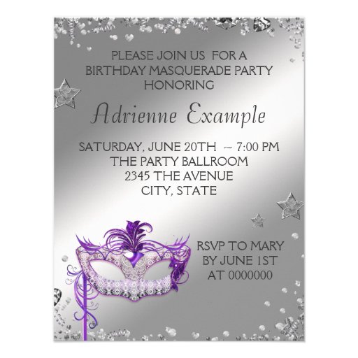 Silver Confetti Purple Masquerade Party Invitation