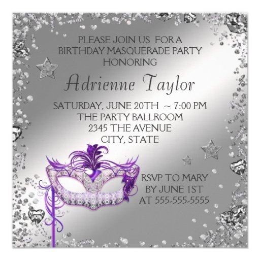 Silver Confetti Purple Masquerade Party Invitation