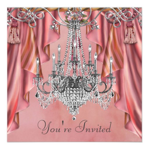 Silver Coral Pink Chandelier Party Invitations