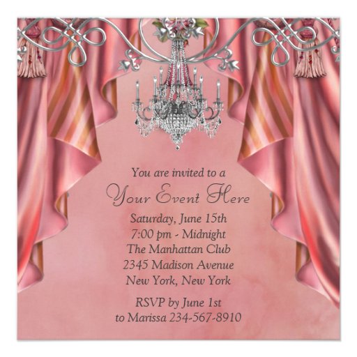 Silver Coral Pink Chandelier Party Invitations