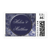 Silver, cream and blue damask pattern postage