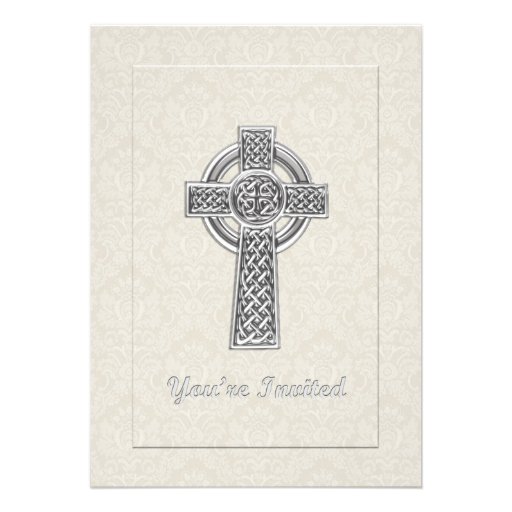 Silver Cross on Ivory Damask You're Invited