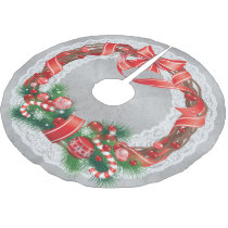 Silver Damask and Lace with Christmas Wreath Brushed Polyester Tree Skirt