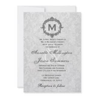 Silver Damask Gray Vintage Frame Monogram Wedding Personalized Announcement