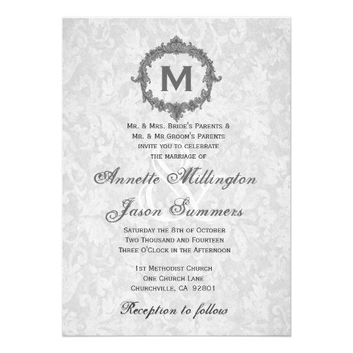 Silver Damask Gray Vintage Frame Monogram Wedding Personalized Announcement