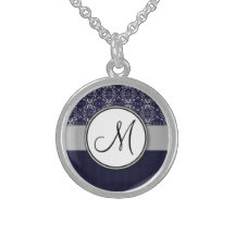 Silver Damask on Blue with Stripes and Monogram Pendant