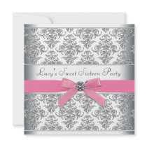 Silver Damask Pink Sweet Sixteen Birthday Party Personalized Announcement