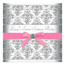 Silver Damask Pink Sweet Sixteen Birthday Party invitations