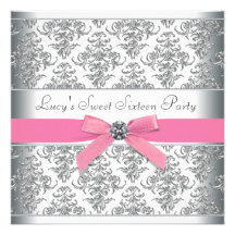 Silver Damask Pink Sweet Sixteen Birthday Party Personalized Announcement