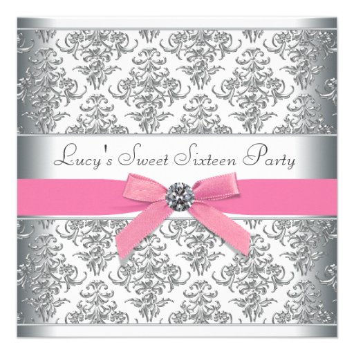 Silver Damask Pink Sweet Sixteen Birthday Party Personalized Announcement