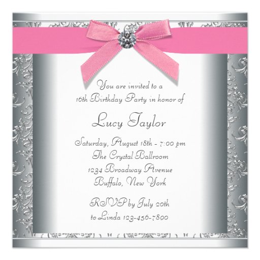 Silver Damask Pink Sweet Sixteen Birthday Party Personalized Announcement