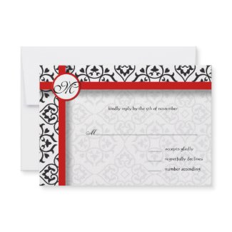 Silver Damask Side Borders Red Trim Wedding Custom Invites