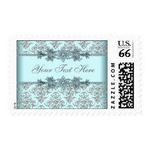 Silver Damask Teal Blue Postage Stamps
