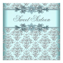 Silver Damask Teal Blue Sweet 16 Birthday Party Custom Invite
