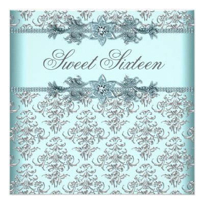 Silver Damask Teal Blue Sweet 16 Birthday Party Custom Invite