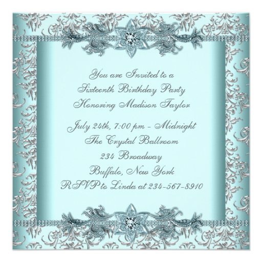Silver Damask Teal Blue Sweet 16 Birthday Party Custom Invite