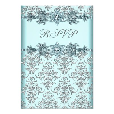 Silver Damask Teal Blue Sweet 16 Birthday RSVP Personalized Announcement