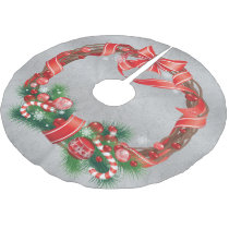 Silver Damask  with Christmas Wreath Brushed Polyester Tree Skirt