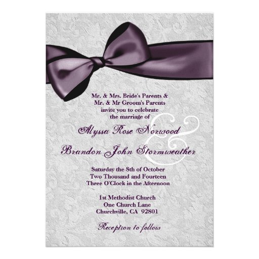 Silver Damask with Deep Purple Bow Wedding V2 Invitations