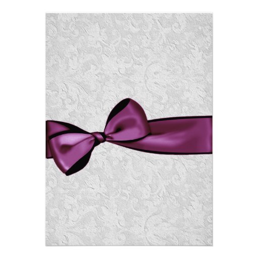 Silver Damask with Plum Purple Printed Bow Wedding Announcement