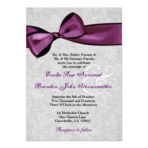 Silver Damask with Plum Purple Printed Bow Wedding Announcement