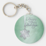 Silver Diamond Snowflake Green Holiday Keychain