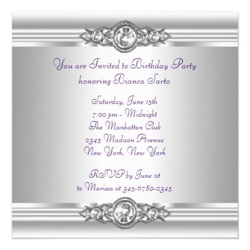 Silver Diamonds Lavender Purple Birthday Party Announcement