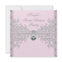 Silver Diamonds Pink Sweet 16 Birthday Party Custom Invitations