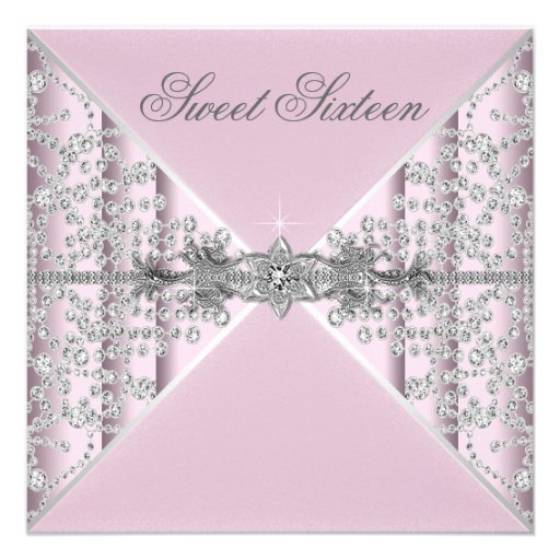 Silver Diamonds Pink Sweet 16 Birthday Party Custom Invites