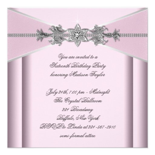 Silver Diamonds Pink Sweet 16 Birthday Party Custom Invites