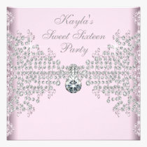 Silver Diamonds Pink Sweet 16 Birthday Party invitations