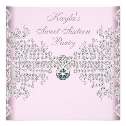 Silver Diamonds Pink Sweet 16 Birthday Party Custom Invitations (front side)