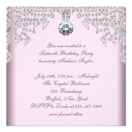 Silver Diamonds Pink Sweet 16 Birthday Party Custom Invitations