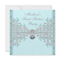 Silver Diamonds Teal Blue Sweet 16 Birthday Party Custom Announcement
