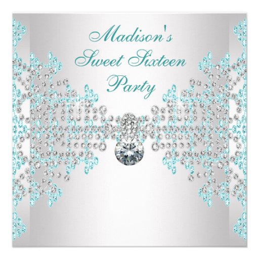 Silver Diamonds Teal Blue Sweet 16 Birthday Party Personalized Invitation