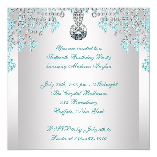 Silver Diamonds Teal Blue Sweet 16 Birthday Party Personalized Invitation