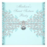 Silver Diamonds Teal Blue Sweet 16 Birthday Party Custom Announcement
