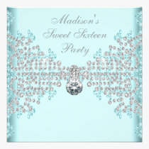 Silver Diamonds Teal Blue Sweet 16 Birthday Party invitations