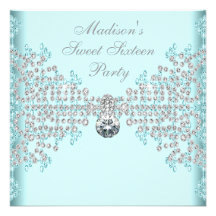 Silver Diamonds Teal Blue Sweet 16 Birthday Party Custom Announcement