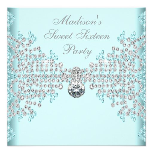 Silver Diamonds Teal Blue Sweet 16 Birthday Party Custom Announcement (front side)