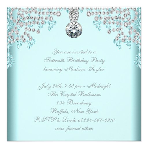 Silver Diamonds Teal Blue Sweet 16 Birthday Party Custom Announcement