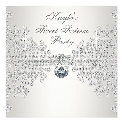 Silver Diamonds White Sweet Sixteen Birthday Party Personalized Invite