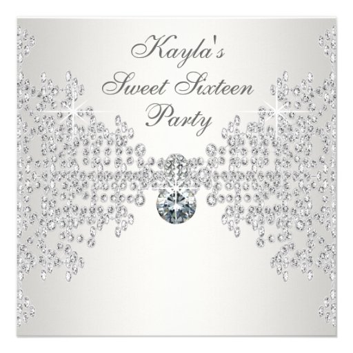 Silver Diamonds White Sweet Sixteen Birthday Party Personalized Invite (front side)