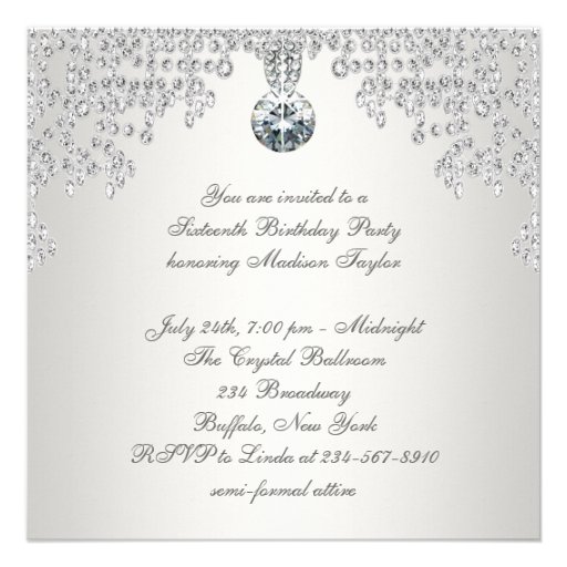 Silver Diamonds White Sweet Sixteen Birthday Party Personalized Invite