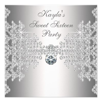 Silver Diamonds White Sweet Sixteen Birthday Party Invite