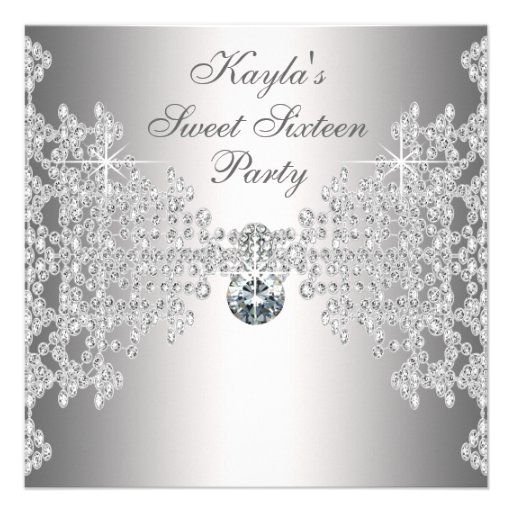 Silver Diamonds White Sweet Sixteen Birthday Party Invite (front side)