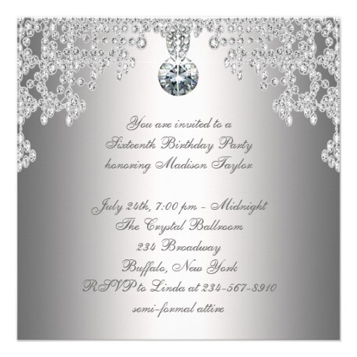 Silver Diamonds White Sweet Sixteen Birthday Party Invite
